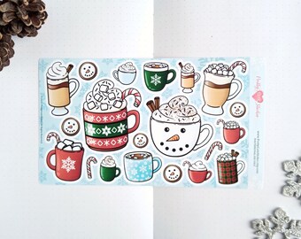 Hoja de decoración de bullet journal de invierno, chocolate caliente, copos de nieve, arte, diseño de temporada, pegatina para planificador, tema acogedor, decoración de invierno, material para álbumes de recortes, Bullet