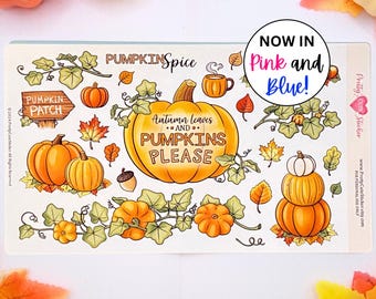 May include: A sticker sheet featuring autumn-themed illustrations including pumpkins, vines, leaves, an acorn, and a mug. Text includes "PUMPKIN SPICE", "PUMPKIN PATCH", "Autumn leaves AND PUMPKINS PLEASE", and a circular badge stating "NOW IN Pink and Blue!".
