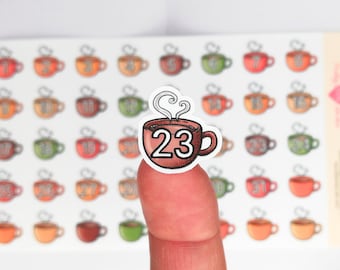 Pegatinas de portada con fecha semanal de taza de café para planificadores felices. Lindas pegatinas para planificador de café. Mini pegatinas con fecha de otoño. Cuenta regresiva de números de otoño.