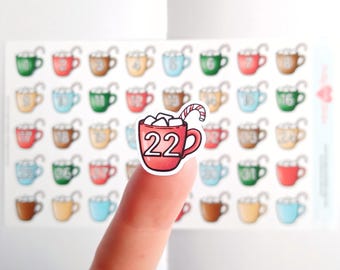 Pegatinas de agenda con fecha de cacao, números de fecha con temática invernal para calendario, pegatinas de cuenta regresiva, mini pegatinas de bebidas calientes para una acogedora estética invernal.