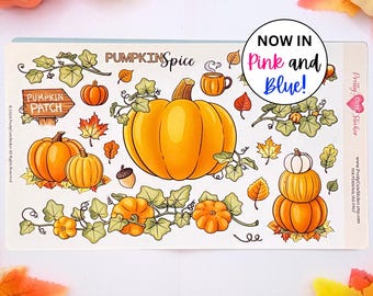 May include: A rectangular sticker sheet featuring various autumn-themed illustrations including orange pumpkins, green vines, maple leaves, an acorn, a mug, and a wooden sign reading PUMPKIN PATCH. A circular text overlay reads NOW IN Pink and Blue!