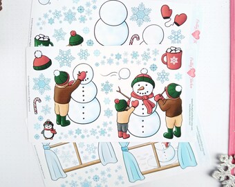 Juego de pegatinas para bullet journaling con temática de muñeco de nieve, acogedora hoja decorativa con estética invernal, bonito material de arte de temporada para scrapbooking, escena invernal para planificadores.