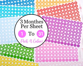 Pegatinas de calendario con fecha, pegatinas mensuales con fecha, pegatinas de cubierta con puntos, pegatinas de planificador circulares con números y opciones de color, pegatinas de planificador Happy Planner de Erin Condren, Bullet Journal