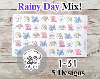 Cubiertas de fecha para días lluviosos, pegatinas para planificadores felices en colores pastel, bullet journal numerado, rastreador del clima primaveral, decoración diaria de arcoíris, tema de paraguas