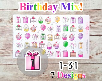 Hoja de pegatinas de cumpleaños de arcoíris con diseño de planificador feliz, accesorio, marcador de fecha, calendario numerado, icono de celebración, globos, pastel, regalo, colorido