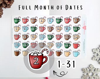 Hoja de pegatinas con diseño de fecha de cacao, colección de tazas, rastreador de temática invernal, planificador diario mensual, decoración, hoja de diario de viñetas, cuenta regresiva