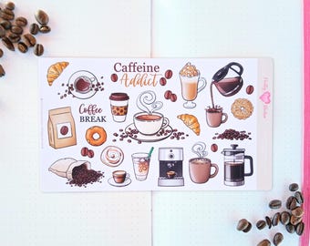 Hoja de pegatinas para planificador de café. Pegatinas estéticas de granos de café. Pegatinas decorativas con temática de expreso para Bullet Journal. Pegatina de taza de café caliente.