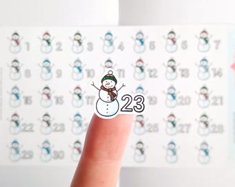 Pegatina de planificador con fecha de muñeco de nieve, números con temática invernal para calendario, pegatina de cuenta regresiva, mini pegatina de muñeco de nieve, fechas semanales, Bujo