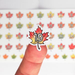 May include: A colorful maple leaf sticker with the number 19 in the center, held up by a finger. The leaf is red, orange, and yellow with a white border. A sheet of similar stickers is in the background, each with a different number.