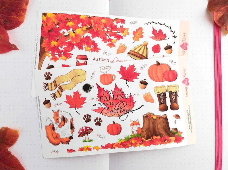 Fall Sticker Set Cozy Autumn Themed Planner Sticker Sheets Cute Fall Leaves Bujo Sticker Fox Journal Sticker Cottagecore Nature Aesthetic image 1