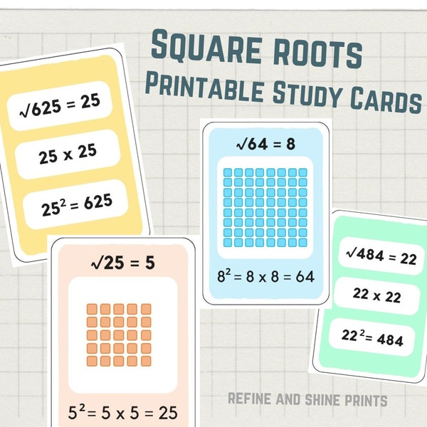 Printable Square Root Study Flashcards, instant download, colorful math cards