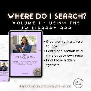 Op de afbeelding: Een digitale gids getiteld WHERE DO I SEARCH? VOLUME 1 - USING THE JW LIBRARY APP. De omslag toont een persoon die een tablet gebruikt, met tekst over het vinden van antwoorden en snelkoppelingen. Opsommingstekens geven instructies weer.
