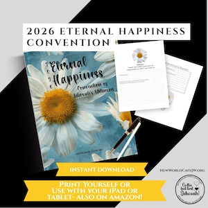 May include: A book cover with the title "2026 Eternal Happiness Convention" and the words "Eternal Happiness Convention of Jehovah's Witnesses" on a blue background with a daisy. Includes a pen and papers with the word "Friday" and "Attendance".