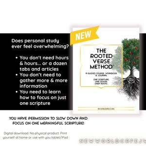 May include: A digital workbook titled The Rooted Verse Method featuring a tree with red fruit and visible roots. The text includes Does personal study ever feel overwhelming? and You have permission to slow down and focus on one meaningful scripture.