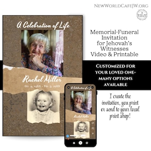 Könnte beinhalten: Eine digitale Vorlage für eine Traueranzeige für Jehovas Zeugen. Die Vorlage hat einen braunen Hintergrund mit einem zerrissenen Papiereffekt und ein Foto einer Frau. Der Text "A Celebration of Life" befindet sich oben auf der Vorlage, und der Text "Rachel Miller" befindet sich unter dem Foto. Der Text "Oct. 4, 19XX - Feb. 5, 10XX" befindet sich unter dem Namen. Die Vorlage ist für Ihre Lieben anpassbar und bietet viele Optionen. Der Text "I create the invitation, you print or send to your local print shop!" befindet sich unten auf der Vorlage.