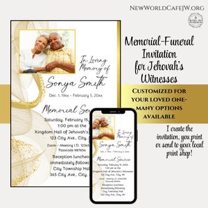 Può includere: Un invito a un servizio commemorativo in oro e bianco con una foto di una coppia anziana. L'invito include il testo "In memoria di Sonya Smith" e i dettagli del servizio, tra cui la data, l'ora, il luogo e le informazioni di contatto.
