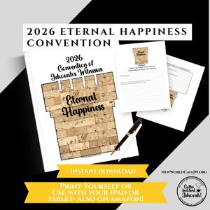 May include: A white document with the text "2026 Eternal Happiness Convention" and "2026 Convention of Jehovahs Witnesses". The document has a brick-like design with the words "Eternal Happiness". Also included is a pen and other documents.