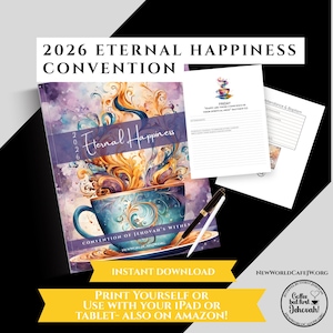 May include: A digital download for the 2026 Eternal Happiness Convention. The cover features a teal teacup with gold and orange swirls. The text reads "2026 Eternal Happiness Convention" and "Convention of Jehovah's Witnesses". Includes printable pages and a pen.