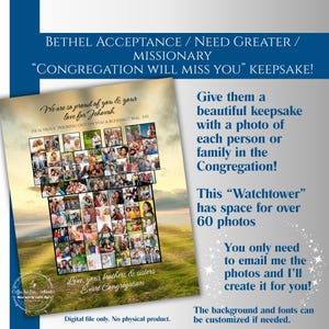 Puede incluir: Un recuerdo digital imprimible para un misionero o alguien que deja una congregación. El diseño presenta un collage de fotos en forma de torre de vigilancia con el texto "Bethel Acceptance / Need Greater / Missionary" y "Congregation Will Miss You" en la parte superior. El texto "Love your brothers & sisters Evart Congregation" está en la parte inferior del collage. El fondo es un campo verde con un cielo azul.