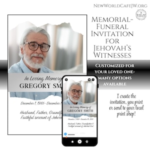 Könnte beinhalten: Eine Gedenk-Traueranzeige für Jehovas Zeugen, mit einem Porträt eines älteren Mannes mit Brille. Das Design enthält den Text: "In Loving Memory of Gregory Smith" und "Customized for your loved one".
