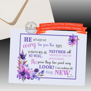 JW Sympathy Card Purple Floral Rev. 21:3,4 ~ Afdrukbare kaart en envelop om direct te downloaden Jehovah's Getuigen