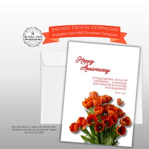 Joyeux anniversaire JW avec des tulipes oranges et rouges - Modèle de carte et enveloppe imprimable en téléchargement numérique