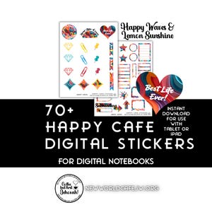 May include: A digital sticker set featuring colorful abstract patterns, diamond shapes, paper clips, push pins, and heart icons with the text Best Life Ever. The collection includes various functional planner elements like checklists and banners for digital notebooks.