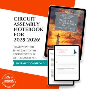 May include: Digital notebook for the Circuit Assembly of Jehovah's Witnesses 2025-2026. The notebook features the theme "Hear What the Spirit Says to the Congregations." The image includes a lighthouse graphic and the words "Instant Download."