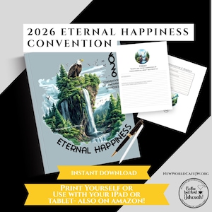 May include: A light blue journal with the text "2026 ETERNAL HAPPINESS CONVENTION" and a landscape illustration of a waterfall and an eagle. Includes loose-leaf pages and a pen. The journal is an instant download.