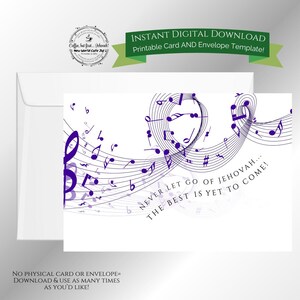 JW Félicitations pour votre carte de baptême ! Notes de musique violettes - Modèle imprimable de carte et d'enveloppe en téléchargement numérique