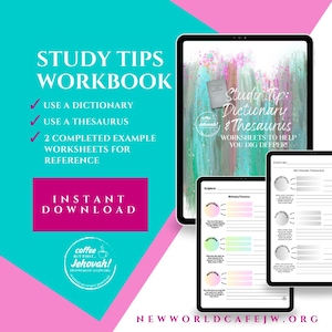 May include: A digital workbook with study tips, including using a dictionary and thesaurus. The workbook features example worksheets and the text "Instant Download". The background is teal, pink, and white.