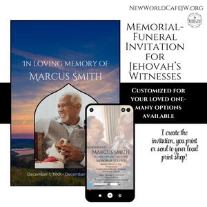 Könnte beinhalten: Eine digitale Vorlage für eine Einladung zu einem Gedenkgottesdienst für Jehovas Zeugen. Die Vorlage zeigt ein Foto eines Mannes und eines Hundes sowie den Text "In Erinnerung an Marcus Smith" mit Details zum Gedenkgottesdienst. Der Text "Ich erstelle die Einladung, Sie drucken sie oder senden sie an Ihre lokale Druckerei!" ist ebenfalls enthalten.