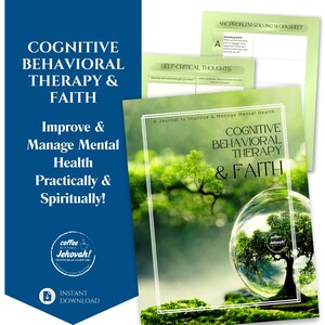 May include: A journal titled "Cognitive Behavioral Therapy & Faith" with a green and white cover, featuring a tree inside a glass sphere. Additional worksheets are visible. Text includes "Improve & Manage Mental Health".