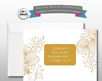 JW Sympathy Card Psalm 34:18 Gold Floral ~ Printable Card & Envelope for instant download Jehovah's Witnesses