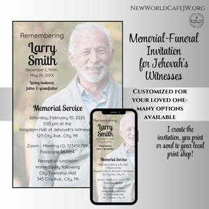Può includere: Un invito funebre stampabile per un servizio funebre per un uomo di nome Larry Smith. L'invito include una foto di Larry, la data e l'ora del servizio e la posizione del servizio. L'invito include anche informazioni su un pranzo di ricevimento dopo il servizio.