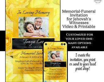 JW Memorial Invitation-Funeral Announcement -Elegant Yellow Roses -Personalized for your loved one -Digital Download
