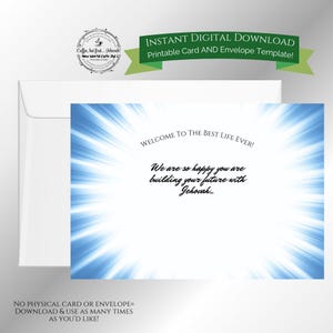 JW Félicitations pour votre carte de baptême ! Blue Starburst - Modèle imprimable de carte et d'enveloppe en téléchargement numérique