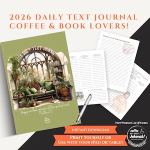 May include: A 2026 daily text journal with a green cover featuring an illustration of a sunlit room with a couch and plants, accompanied by lined interior pages and a silver pen. The text reads 2026 DAILY TEXT JOURNAL and Matthew 5:3.