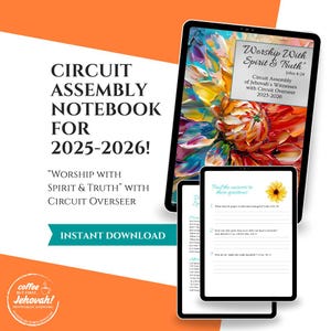 May include: A digital circuit assembly notebook for 2025-2026 titled Worship With Spirit & Truth. The cover features a vibrant, textured floral painting. The set includes multiple pages with lined sections for notes and questions about the assembly.