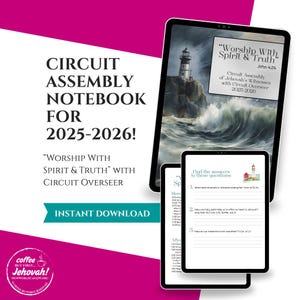 May include: Digital notebook for the Circuit Assembly of Jehovah's Witnesses, 2025-2026. The notebook features the theme "Worship With Spirit & Truth" and includes the text "Instant Download". The image shows a lighthouse on a rocky coast.