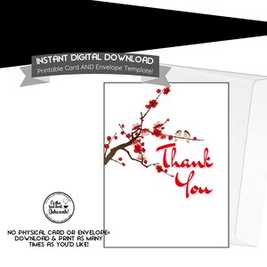 Könnte beinhalten: Eine druckbare Grußkarte mit einem braunen Ast mit leuchtend roten Blüten und zwei kleinen Vögeln, die darauf sitzen. Der Text Thank You ist in roter Schrift geschrieben. Das Design enthält den Text Instant Digital Download und Coffee but first Jehovah.