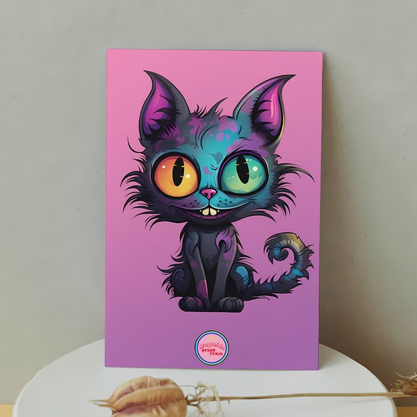 Ilustración de gato. Postal imprimible inspirada en Tim Burton. Regalo perfecto para los amantes de los animales.