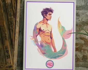 Ilustración de Tritón / Sireno. Póster y arte gay, LGTBIQ+ para regalar o decorar. Visita nuestra tienda queer.