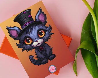 Ilustración de gato. Postal imprimible inspirada en Tim Burton. Regalo perfecto para los amantes de los animales.