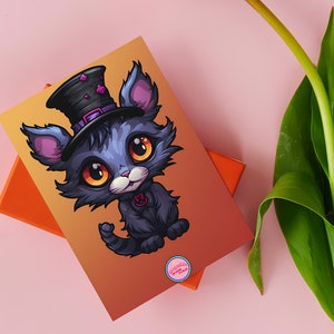 Ilustración de gato. Postal imprimible inspirada en Tim Burton. Regalo perfecto para los amantes de los animales.