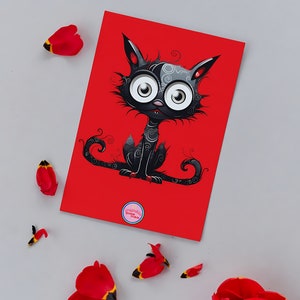 Ilustração de gato. Cartão postal imprimível inspirado por Tim Burton. Presente perfeito para amantes de gatos e animais.