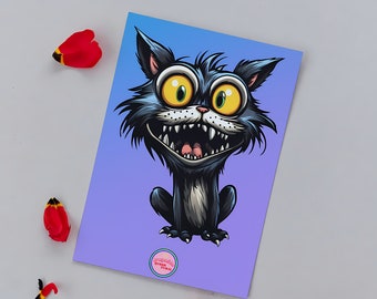 Ilustración de gato. Postal imprimible inspirada en Tim Burton. Regalo perfecto para los amantes de los animales.