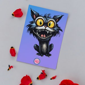 Ilustración de gato. Postal imprimible inspirada en Tim Burton. Regalo perfecto para los amantes de los animales.
