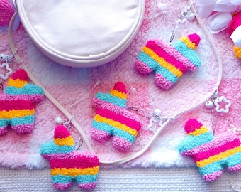 Mini Piñata Bag Charm | Punch Needle Keychain | Fiesta Gift | Handmade Rainbow Decor | Cute Plush Charm  | Miniature Donkey