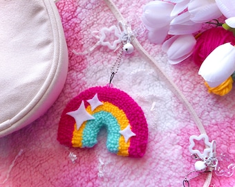 Handmade Sparkle Rainbow Bag Charm | Hand Tufted Punch Needle | Felt + Soft Yarn Keychain | Fun bag accessories